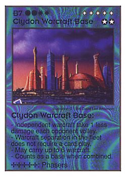 Need: 4    Want: 6    Have: 3    Will Trade: 0    In Storage: 0              B7 ‑ Clydon Warcraft Base  Set: GI  Rarity: U1    Artist: David Lee Anderson    