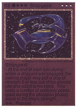 Need: 0    Want: 0    Have: 6 (+19)    Will Trade: 4    In Storage: 0              B8 ‑ Shipyard  Set: PE  Rarity: V1    Artist: Lawrence Allen Williams    