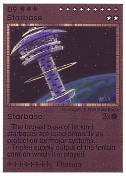 Need: 1    Want: 1    Have: 3 (+28)    Will Trade: 0    In Storage: 0              B9 ‑ Starbase  Set: PE  Rarity: V1    Artist: Mark Poole    