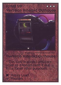 Need: 0    Want: 0    Have: 13    Will Trade: 5    In Storage: 0              R/T/B1/9 ‑ Vektrean Asteroid Outhouse  Set: CC  Rarity: U    Artist: Randy 'Tarkas' Hoar    