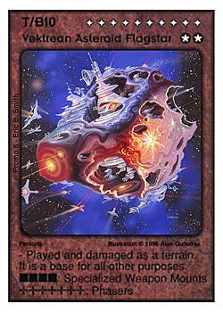 Need: 0    Want: 0    Have: -1    Will Trade: 0    In Storage: 0              T/B10 ‑ Vektrean Asteroid Flagstar  Set: Pro8  Rarity: E1    Artist: Alan Gutierrez    