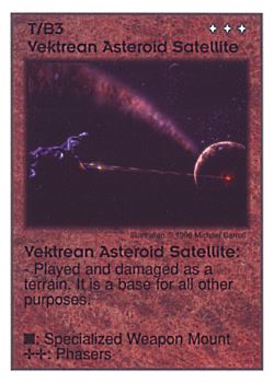 Need: 0    Want: 0    Have: 36    Will Trade: 28    In Storage: 0              T/B3 ‑ Vektrean Asteroid Satellite  Set: Pir  Rarity: U1    Artist: Michael Carroll    