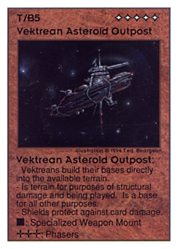 Need: 0    Want: 0    Have: 45 (+39)    Will Trade: 41    In Storage: 0              T/B5 ‑ Vektrean Asteroid Outpost (1/2)  Set: UE  Rarity: R2    Artist: Ted Beargeon    