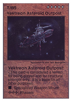 Need: 0    Want: 0    Have: 39 (+45)    Will Trade: 35    In Storage: 0              T/B5 ‑ Vektrean Asteroid Outpost (2/2)  Set: UE  Rarity: V3    Artist: Ted Beargeon    