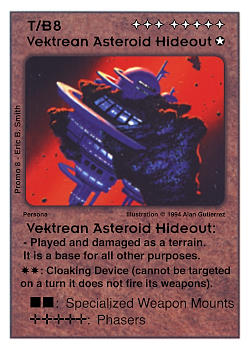 Need: 0    Want: 0    Have: -1    Will Trade: 0    In Storage: 0              T/B8 ‑ Vektrean Asteroid Hideout  Set: Pro8  Rarity: Pro8    Artist: Alan Gutierrez    
