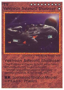 Need: 0    Want: 0    Have: 4 (+35)    Will Trade: 2    In Storage: 0              T/B9 ‑ Vektrean Asteroid Starbase  Set: PE  Rarity: V1    Artist: Randy 'Tarkas' Hoar    