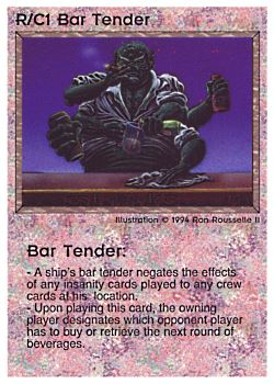 Need: 1    Want: 0    Have: 1 (+134)    Will Trade: 0    In Storage: 0              R/C1 ‑ Bar Tender (Small Text)  Set: PE  Rarity: R2    Artist: Ron Rousselle II    