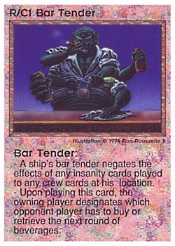 Need: 0    Want: 0    Have: 37 (+98)    Will Trade: 33    In Storage: 30              R/C1 ‑ Bar Tender (Large Text)  Set: PE  Rarity: R1    Artist: Ron Rousselle II    
