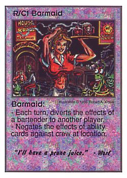 Need: 0    Want: 0    Have: 2 (+10)    Will Trade: 0    In Storage: 0              R/C1 ‑ Barmaid ("I'll have a prune juice."…)  Set: CC  Rarity: V2    Artist: Robert A. Kraus    