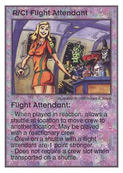 Need: 0    Want: 5    Have: 8    Will Trade: 0    In Storage: 0              R/C1 ‑ Flight Attendant  Set: Per  Rarity: U1    Artist: Robert A. Kraus    