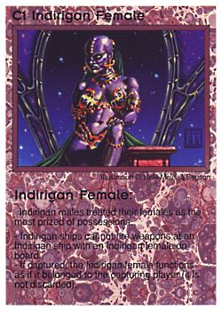 Need: 1    Want: 0    Have: 1 (+128)    Will Trade: 0    In Storage: 0              C1 ‑ Indirigan Female (Small Text)  Set: PE  Rarity: R2    Artist: Melissa A. Benson    