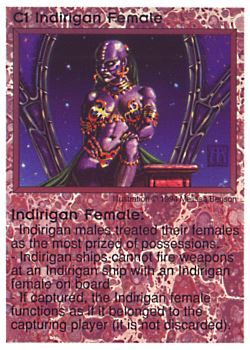 Need: 0    Want: 0    Have: 37 (+92)    Will Trade: 33    In Storage: 23              C1 ‑ Indirigan Female (Large Text)  Set: PE  Rarity: R1    Artist: Melissa A. Benson    