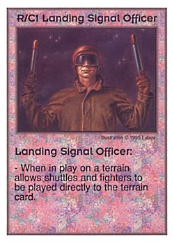 Need: 0    Want: 4    Have: 9    Will Trade: 0    In Storage: 3              R/C1 ‑ Landing Signal Officer  Set: AT  Rarity: U1    Artist: Lubov    