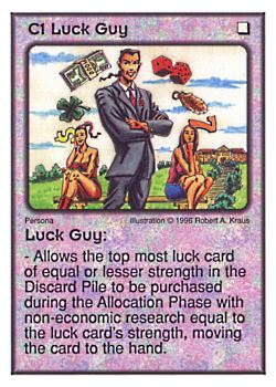 Need: 0    Want: 4    Have: 9    Will Trade: 0    In Storage: 0              C1 ‑ Luck Guy  Set: Per  Rarity: U1    Artist: Robert A. Kraus    