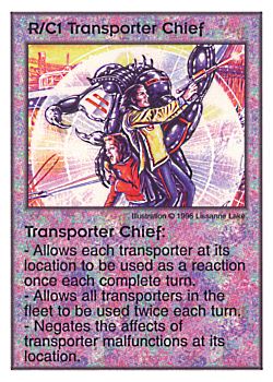 Need: 0    Want: 0    Have: 36    Will Trade: 28    In Storage: 23              R/C1 ‑ Transporter Chief  Set: Pir  Rarity: U1    Artist: Lissanne Lake    