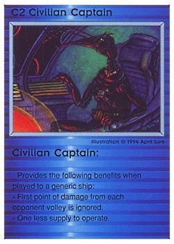 Need: 0    Want: 0    Have: 36 (+38)    Will Trade: 32    In Storage: 25              C2 ‑ Civilian Captain  Set: PE  Rarity: C1    Artist: April Lee    