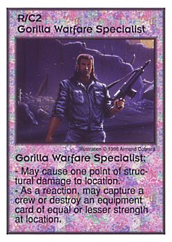 Need: 0    Want: 3    Have: 10    Will Trade: 0    In Storage: 3              R/C2 ‑ Gorilla Warfare Specialists  Set: Per  Rarity: U1    Artist: Armand Cabrera    