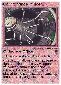 Need: 0    Want: 0    Have: 4 (+189)    Will Trade: 0    In Storage: 2              C2 ‑ Ordnance Officer (2nd Print)  Set: PE  Rarity: U2    Artist: Nivard    