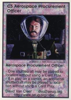 Need: 1    Want: 12    Have: 0    Will Trade: 0    In Storage: 0              C3 ‑ Aerospace Procurement Officer  Set: Pro5  Rarity: Pro5    Artist: David Lee Anderson    