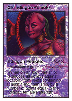 Need: 3    Want: 4    Have: 6    Will Trade: 0    In Storage: 0              C3 ‑ Indirigan Female  Set: Per  Rarity: V1    Artist: Randy 'Tarkas' Hoar    
