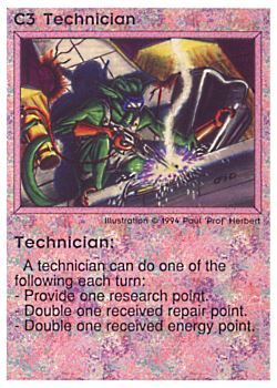 Need: 0    Want: 0    Have: 55    Will Trade: 47    In Storage: 42              C3 ‑ Technician  Set: PE  Rarity: C1    Artist: Paul 'Prof' Herbert    