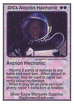 Need: 0    Want: 12    Have: 1    Will Trade: 0    In Storage: 0              R/C4 ‑ Avarian Mechanic  Set: Pro5  Rarity: Pro5    Artist: David A. Cherry    