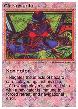 Need: 0    Want: 0    Have: 42 (+109)    Will Trade: 38    In Storage: 35              C4 ‑ Navigator  Set: PE  Rarity: R1    Artist: Melissa A. Benson    