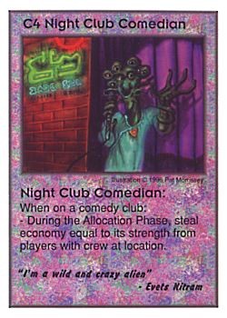 Need: 0    Want: 0    Have: 3 (+10)    Will Trade: 0    In Storage: 0              C4 ‑ Night Club Comedian ("I'm a wild and crazy…)  Set: CC  Rarity: V2    Artist: Pat Morrissey    