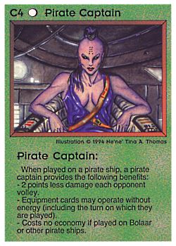 Need: 1    Want: 0    Have: 1 (+44)    Will Trade: 0    In Storage: 0              C4 ‑ Pirate Captain (Small Text)  Set: PE  Rarity: R2    Artist: Ne'Ne Tina A. Thomas    