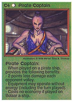Need: 0    Want: 0    Have: 31 (+14)    Will Trade: 27    In Storage: 0              C4 ‑ Pirate Captain (Large Text)  Set: PE  Rarity: R1    Artist: Ne'Ne Tina A. Thomas    
