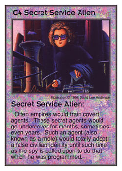 Need: 2    Want: 10    Have: 1    Will Trade: 0    In Storage: 0              C4 ‑ Secret Service Alien  Set: GI  Rarity: U1    Artist: David Lee Anderson    