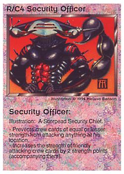 Need: 0    Want: 0    Have: 59 (+173)    Will Trade: 55    In Storage: 45              R/C4 ‑ Security Officer  Set: PE  Rarity: C2    Artist: Melissa A. Benson    
