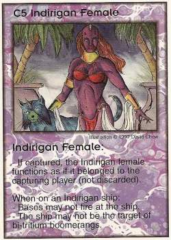 Need: 1    Want: 12    Have: 0    Will Trade: 0    In Storage: 0              C5 ‑ Indirigan Female  Set: Pro7  Rarity: Pro7    Artist: David Chow    