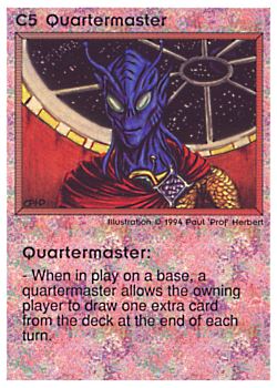 Need: 1    Want: 1    Have: 3 (+36)    Will Trade: 0    In Storage: 0              C5 ‑ Quartermaster  Set: PE  Rarity: V1    Artist: Paul 'Prof' Herbert    