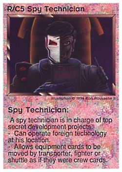Need: 0    Want: 7    Have: 6    Will Trade: 0    In Storage: 0              R/C5 ‑ Spy Technician  Set: PE  Rarity: V1    Artist: Ron Rousselle II    
