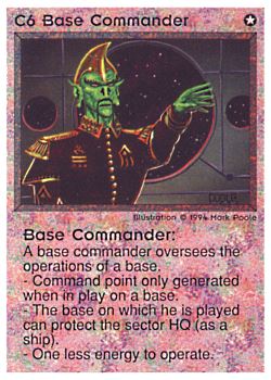 Need: 0    Want: 1    Have: 4 (+32)    Will Trade: 0    In Storage: 0              C6 ‑ Base Commander  Set: PE  Rarity: V1    Artist: Mark Poole    