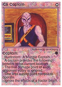 Need: 0    Want: 0    Have: 39 (+1)    Will Trade: 34    In Storage: 25              C6 ‑ Captain (2nd Print)  Set: PE  Rarity: R1    Artist: Leslie Rigley    