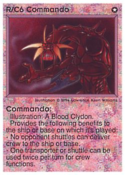Need: 0    Want: 0    Have: 35 (+90)    Will Trade: 32    In Storage: 28              R/C6 ‑ Commando (2nd Print)  Set: PE  Rarity: R1    Artist: Lawrence Allen Williams    