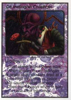 Need: 2    Want: 10    Have: 1    Will Trade: 0    In Storage: 1              C6 ‑ Indirigan Chieftain ‑ Licifrous  Set: Per  Rarity: V1    Artist: Randy 'Tarkas' Hoar    