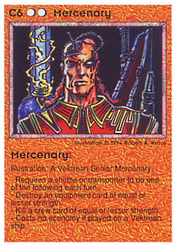 Need: 0    Want: 0    Have: 38 (+92)    Will Trade: 35    In Storage: 20              C6 ‑ Mercenary (Small Text)  Set: PE  Rarity: R1    Artist: Robert A. Kraus    