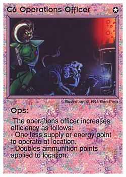 Need: 1    Want: 0    Have: 1 (+136)    Will Trade: 0    In Storage: 0              C6 ‑ Operations Officer ‑ Ops (1st Print)  Set: PE  Rarity: R2    Artist: Ben Peck    
