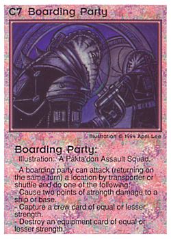 Need: 0    Want: 0    Have: 7 (+23)    Will Trade: 4    In Storage: 0              C7 ‑ Boarding Party  Set: PE  Rarity: V1    Artist: April Lee    