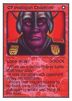 Need: 1    Want: 9    Have: 3    Will Trade: 0    In Storage: 1              C7 ‑ Indirigan Chieftain ‑ Lone Wolf  Set: Per  Rarity: V1    Artist: Randy 'Tarkas' Hoar    