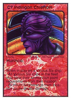 Need: 1    Want: 9    Have: 3    Will Trade: 0    In Storage: 0              C7 ‑ Indirigan Chieftain ‑ Murinca  Set: Per  Rarity: V1    Artist: Randy 'Tarkas' Hoar    
