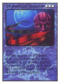 Need: 1    Want: 9    Have: 3    Will Trade: 0    In Storage: 0              C7 ‑ Indirigan Chieftain ‑ Urvill  Set: Per  Rarity: V1    Artist: Randy 'Tarkas' Hoar    