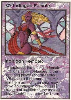 Need: 1    Want: 12    Have: 0    Will Trade: 0    In Storage: 0              C7 ‑ Indirigan Female  Set: Pro7  Rarity: Pro7    Artist: David Chow    