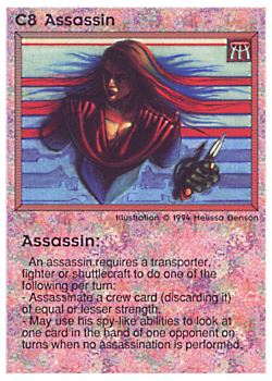 Need: 0    Want: 0    Have: 7 (+26)    Will Trade: 5    In Storage: 0              C8 ‑ Assassin  Set: PE  Rarity: V1    Artist: Melissa A. Benson    
