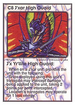 Need: 1    Want: 8    Have: 4    Will Trade: 0    In Storage: 1              C8 ‑ J'xar High Guard ‑ J'x Yr'llite High Guard  Set: Per  Rarity: V1    Artist: Lissanne Lake    