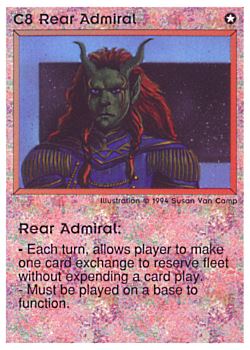 Need: 0    Want: 0    Have: 7 (+23)    Will Trade: 5    In Storage: 0              C8 ‑ Rear Admiral  Set: PE  Rarity: V1    Artist: Susan Van Camp    