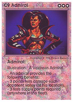 Need: 0    Want: 0    Have: 5 (+23)    Will Trade: 3    In Storage: 0              C9 ‑ Admiral  Set: PE  Rarity: V1    Artist: Melissa A. Benson    